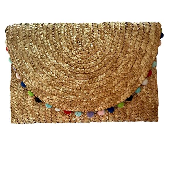 SHIRALEAH Chicago Straw Envelope Clutch Woven Pompom Trim Boho Resort Summer Bag - Picture 1 of 5
